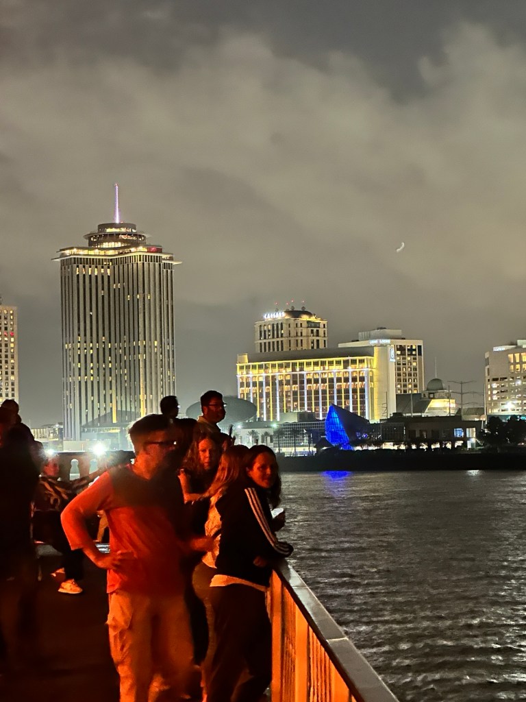 Skyline of New Orleans on the Creole Queen Paddle Boat Dinner cruise down the Mississippi River, 