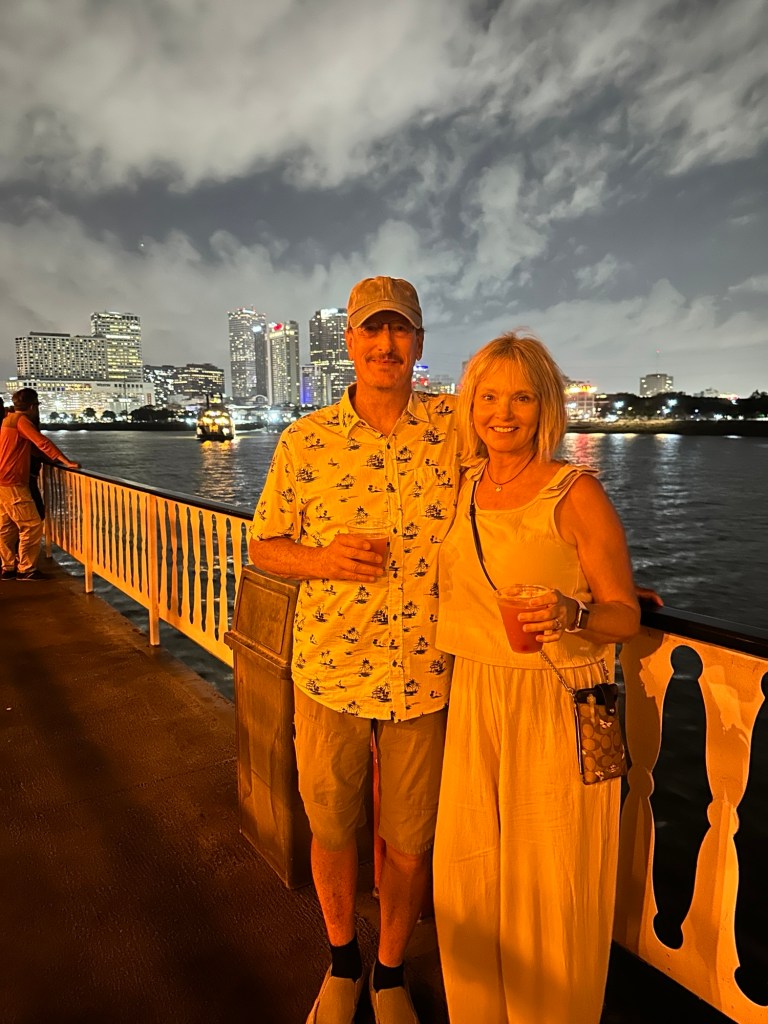 Skyline of New Orleans on the Creole Queen Paddle Boat Dinner cruise down the Mississippi River, 
